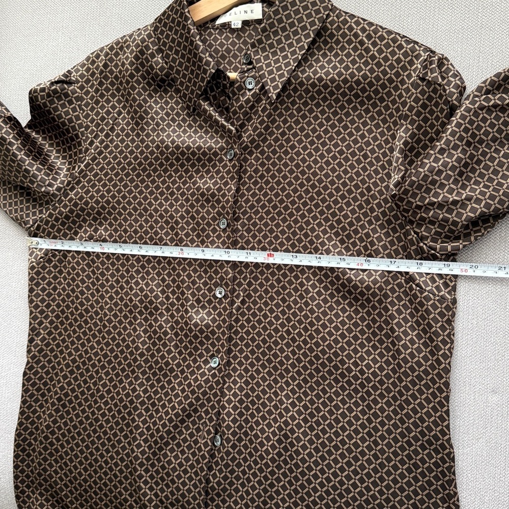 Vintage Celine Silk Tan Brown Patterned Button Down Shirt, Size 42 , US 10 - Picture 6 of 16